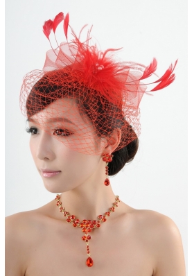 Red Crystal Wedding Jewelry Set With Necklace and Feather Headpiece