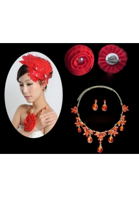 Red Crystals Alloy Plated Necklace And Earrings Jewelry Set