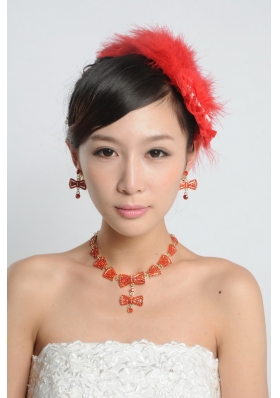 Red Luxurious Rhinestone Ladies' Jewelry Set Including Necklace And Headpiece