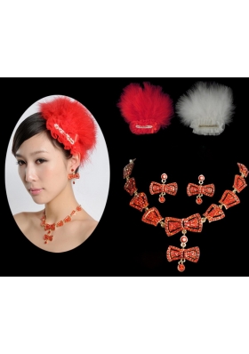 Red Luxurious Rhinestone Ladies' Jewelry Set Including Necklace And Headpiece