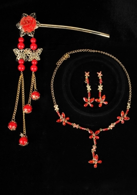 Red Rhinestone Dignified Necklace And Earring Set For Ladies