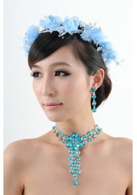 Blue Flowers Rhinestone Jewelry Set Including Necklace And Earrings