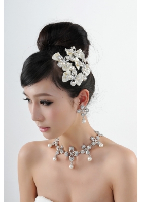 Bowknot Pearl and Rhinestone Necklace Earring Jewelry Set