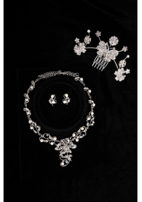 Butterfuly Rhinestone and Pearl Necklace Headpiece Wedding Jewelry Set