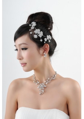 Butterfuly Rhinestone and Pearl Necklace Headpiece Wedding Jewelry Set