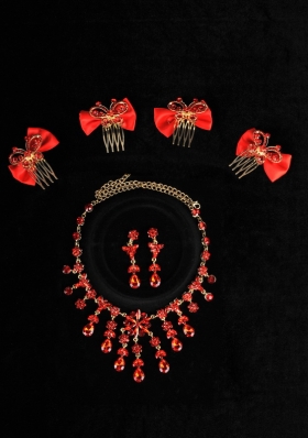 Exquisite Red Intensive Jewelry Set Necklace And Head Bowknot