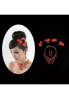 Exquisite Red Intensive Jewelry Set Necklace And Head Bowknot