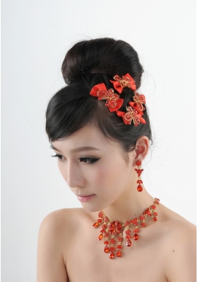 Exquisite Red Intensive Jewelry Set Necklace And Head Bowknot