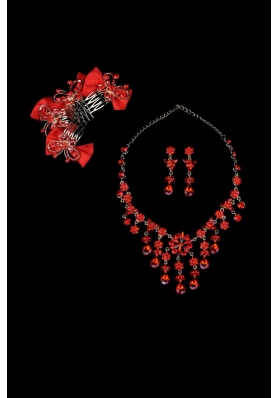 Exquisite Red Intensive Jewelry Set Necklace And Head Bowknot