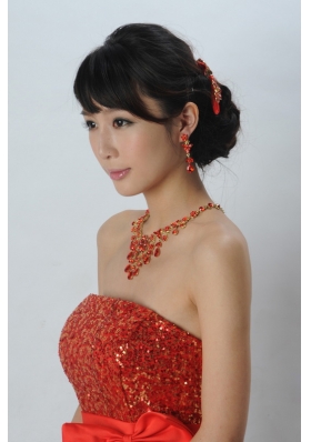 Exquisite Red Intensive Jewelry Set Necklace And Head Bowknot