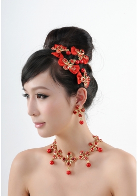 Mysterious Red Intensive Flowe Necklace  And Headflower