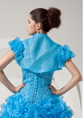 Modest Open Front and Ruffles Quinceanera Jacket in Baby Blue For 2014