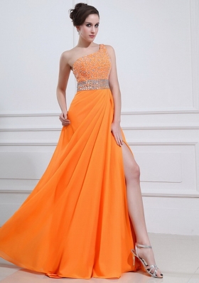 2014 Popular One Shoulder Orange Prom Dress with Beading