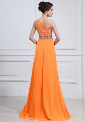 2014 Popular One Shoulder Orange Prom Dress with Beading