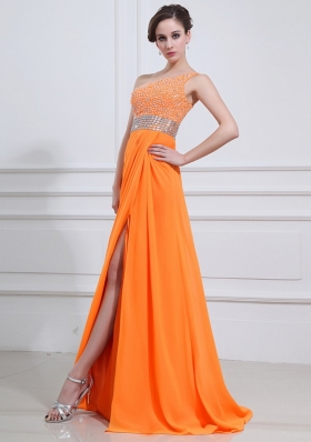 2014 Popular One Shoulder Orange Prom Dress with Beading