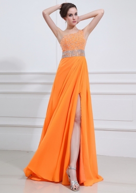 2014 Popular One Shoulder Orange Prom Dress with Beading