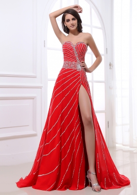 Modern Beading Sweetheart Brush Train Red Prom Dresses for 2014