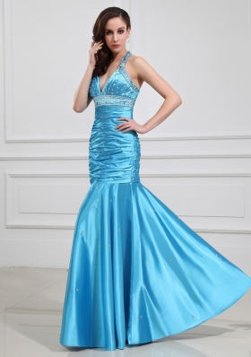 Wonderful Column Halter Top Beading and Ruching Prom Dresses for 2014