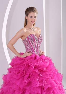 2015 Fuchsia Ruffles Ball Gown Sweetheart Beaded Decorate Quinceanera Gowns