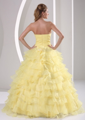 Light Yellow Ruffles Sweetheart Appliques and Ruch Quinceaners Gowns For Military Ball