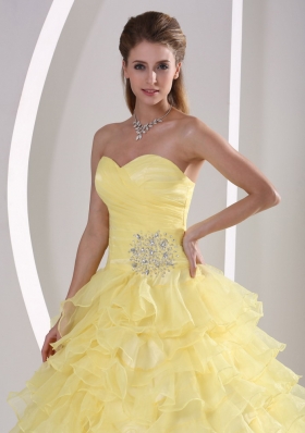 Light Yellow Ruffles Sweetheart Appliques and Ruch Quinceaners Gowns For Military Ball