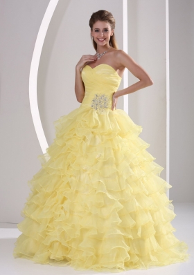 Light Yellow Ruffles Sweetheart Appliques and Ruch Quinceaners Gowns For Military Ball