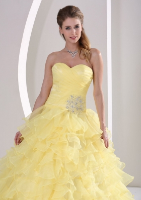 Light Yellow Ruffles Sweetheart Appliques and Ruch Quinceaners Gowns For Military Ball