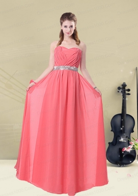 2015 Exquisite Watermelon Bridesmaid Dresses with Ruching and Beading