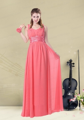 2015 Exquisite Watermelon Bridesmaid Dresses with Ruching and Beading