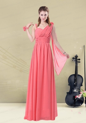 2015 Exquisite Watermelon Bridesmaid Dresses with Ruching and Beading