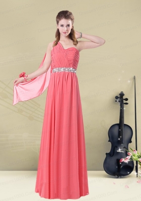 2015 Exquisite Watermelon Bridesmaid Dresses with Ruching and Beading