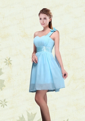 2015 Ruching Chiffon Aqua Blue Bridesmaid Dresses with Mini Length