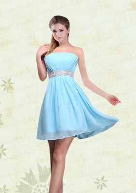 2015 Ruching Chiffon Aqua Blue Bridesmaid Dresses with Mini Length