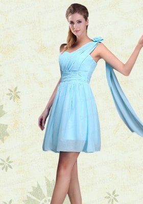 2015 Ruching Chiffon Aqua Blue Bridesmaid Dresses with Mini Length