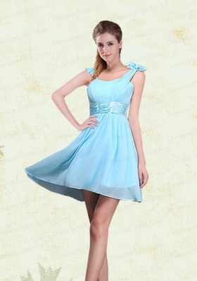 2015 Ruching Chiffon Aqua Blue Bridesmaid Dresses with Mini Length