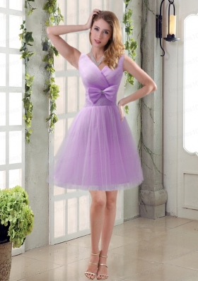 Beautiful Champagne Bowknot Princess Dama   Dresses with V Neck