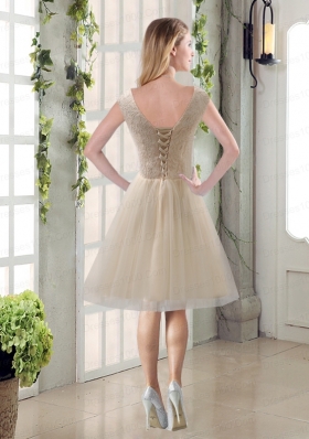 Beautiful Champagne Bowknot Princess Dama   Dresses with V Neck