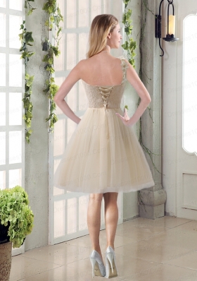 Champagne Ruched Handmade Flowers One   Shoulder 2015 Dama Dresses