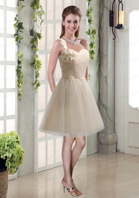 Champagne Ruched Handmade Flowers One   Shoulder 2015 Dama Dresses