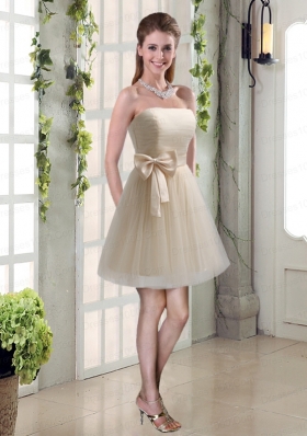 Simple Ruching Strapless Princess  Dama Dress   with Bowknot