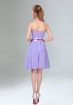 Decent Lavender Ruched Mini Length Dama Dress with Bowknot Sash