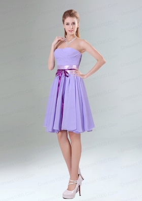 Decent Lavender Ruched Mini Length Dama Dress with Bowknot Sash