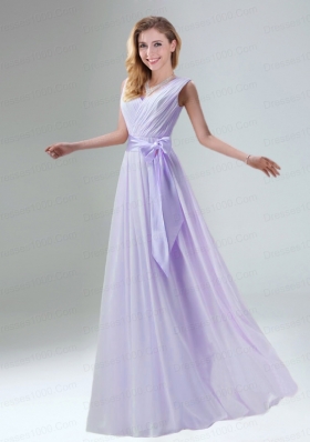 Fashionable Belt Ruching Chiffon Dama Dress with Bowknot