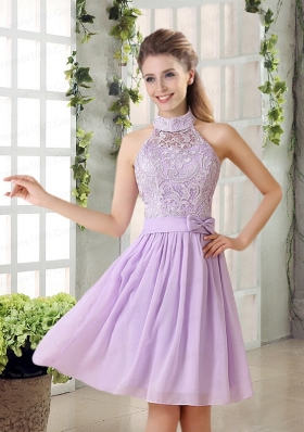 High Neck Lilac A Line Lace Dama Dress   Chiffon for 2015