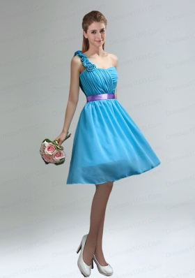 Unique One Shoulder Ruches Teal Dama Dresses with Belt