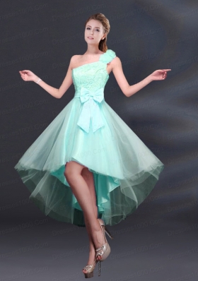 2015 Bowknot High Low Lace Up Dama Dress with One Shoulder