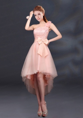 2015 Bowknot High Low Lace Up Dama Dress with One Shoulder