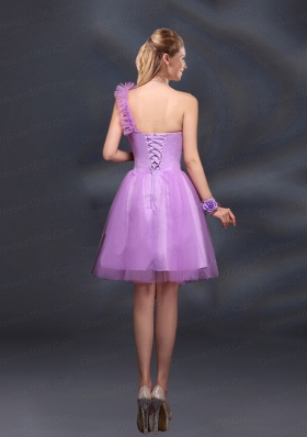 2015 Lilac Hand Made Flowers A Line One Shoulder Dama Dresses