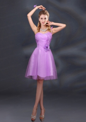 2015 Lilac Hand Made Flowers A Line One Shoulder Dama Dresses