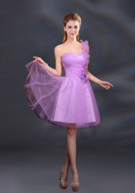 2015 Lilac Hand Made Flowers A Line One Shoulder Dama Dresses